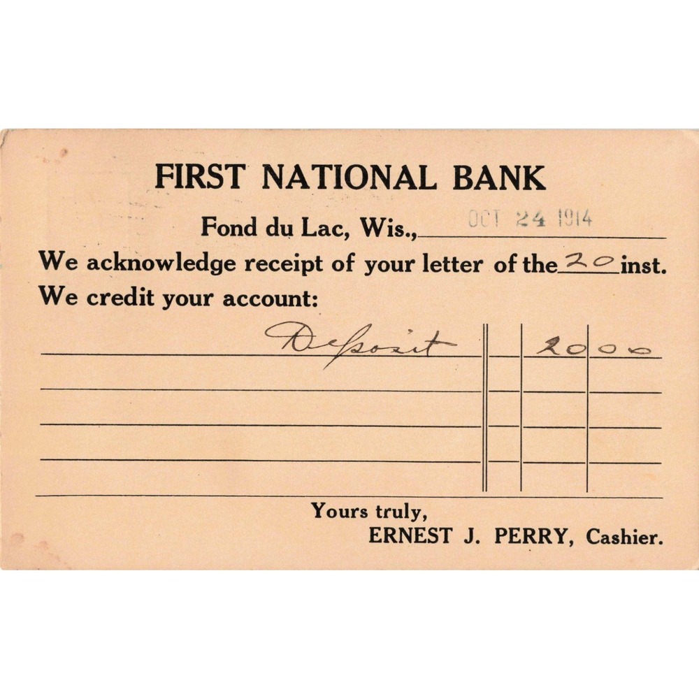 1914 First National Bank Fond du Lac Wisconsin Private Mailing Card 1c Stamp - Picture 2 of 2